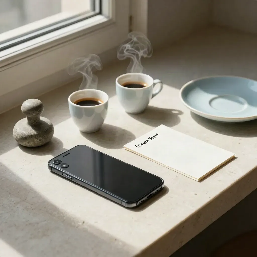 Von oben: Smartphone, zwei Espressotassen, Blankokarte und Steingewicht auf hellem Stein.