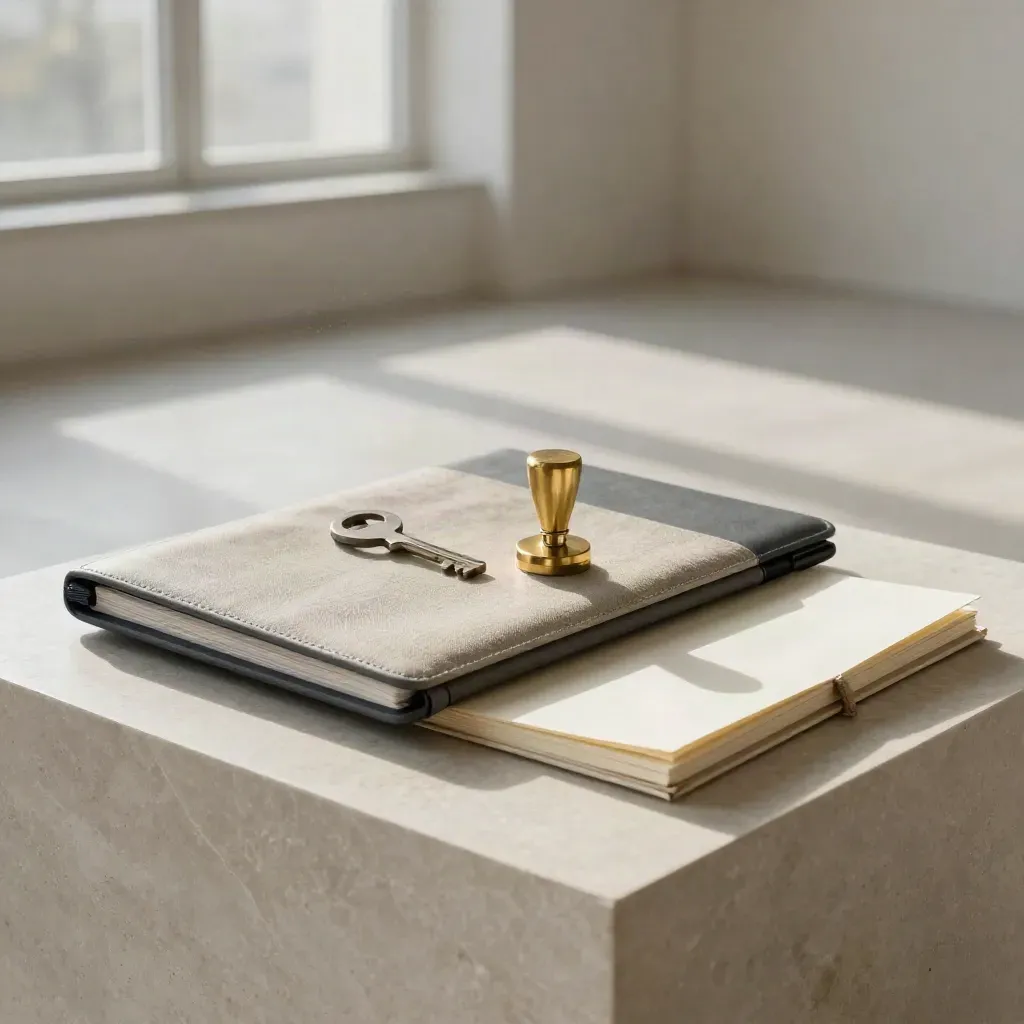 Luxuriöses Gründungs-Tableau im Zürcher Raum mit Mappe, Laptop-Hülle, Messingstempel und Steinpodest.