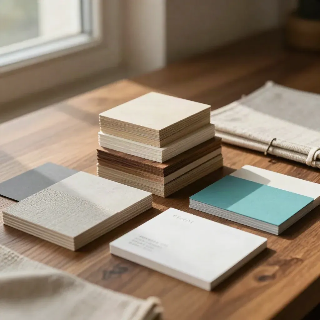 Farbchips, Materialmuster, Visitenkarten und Leinenheft für Branding Startpaket auf warmem Holz