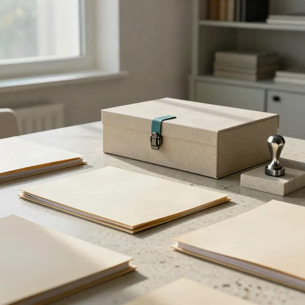 Gründungsset mit Mappen, Leinenbox und Stempel im hellen Beratungsraum