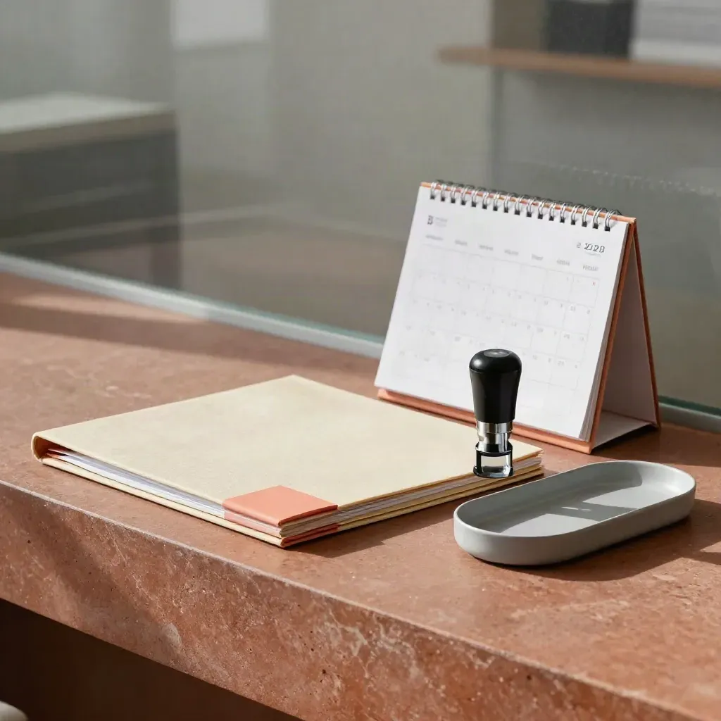 Registrierungsmappe mit Stempel und Kalender auf hellem Stein, sauber und bereit.