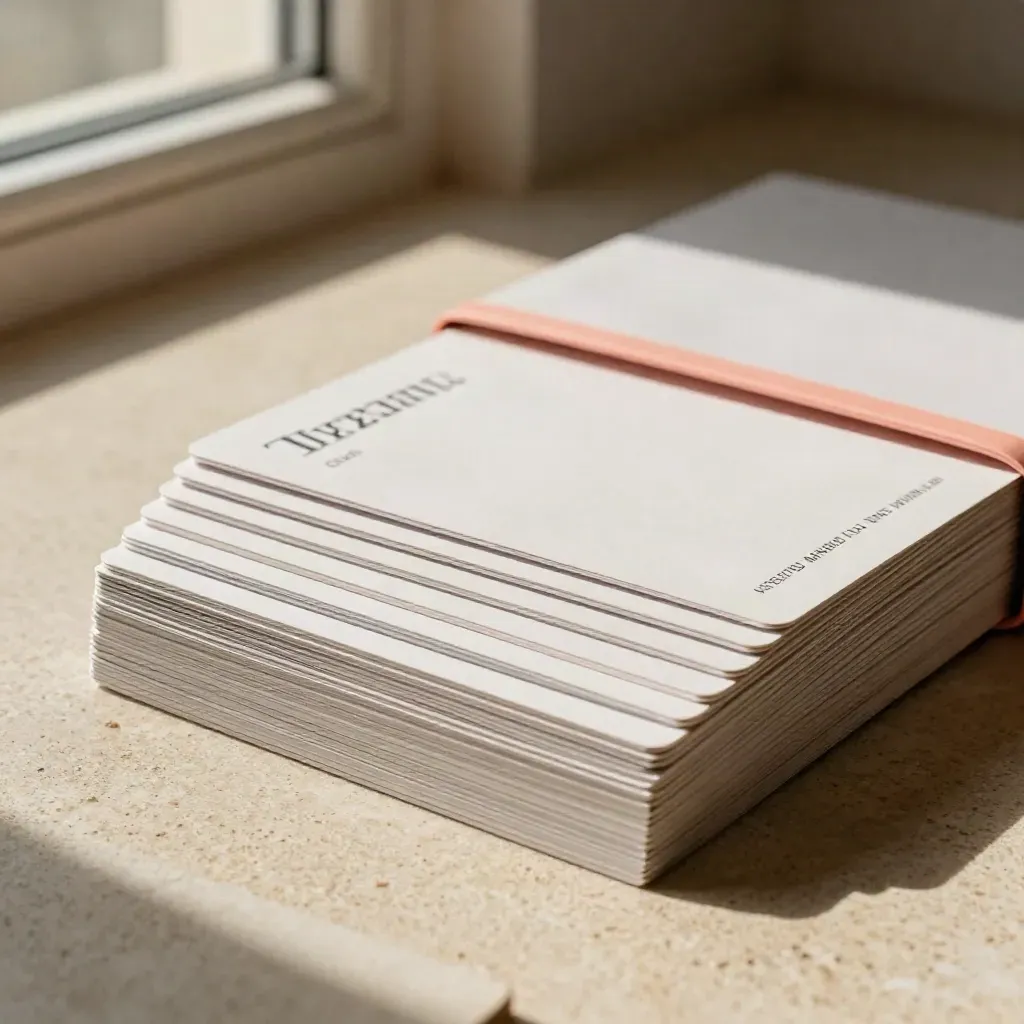Fächerndes Pitch-Deck-Set mit Hülle und neutralen Karten auf Travertin.