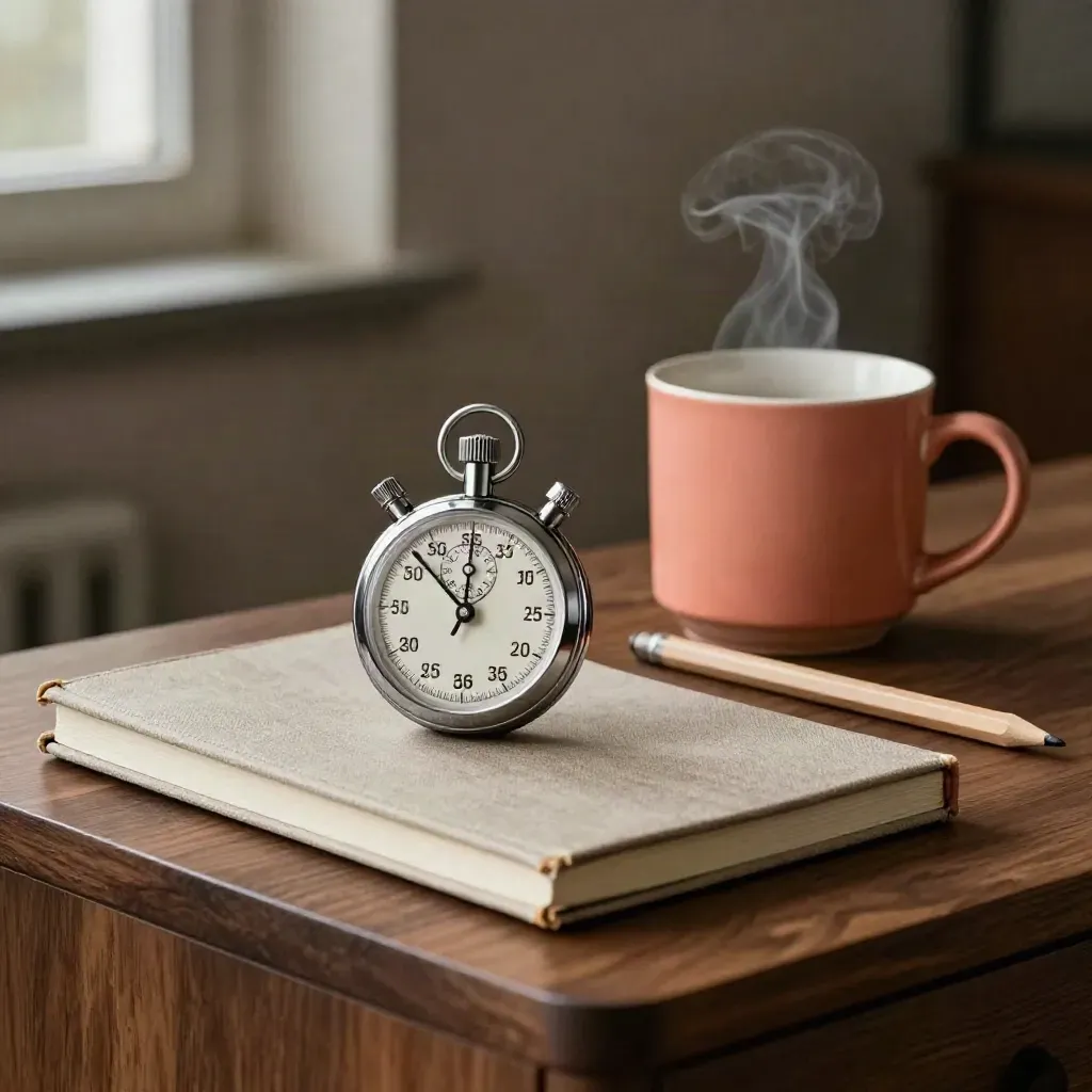 Dramatisches Stillleben mit Stoppuhr, Coaching-Notizbuch, Tasse und Bleistift auf Walnuss.