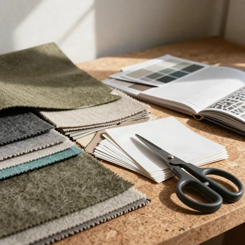 Stoffmuster, Farbkarten, Schere und Musterbuch auf hellem Studiohintergrund mit Teal-Akzent.
