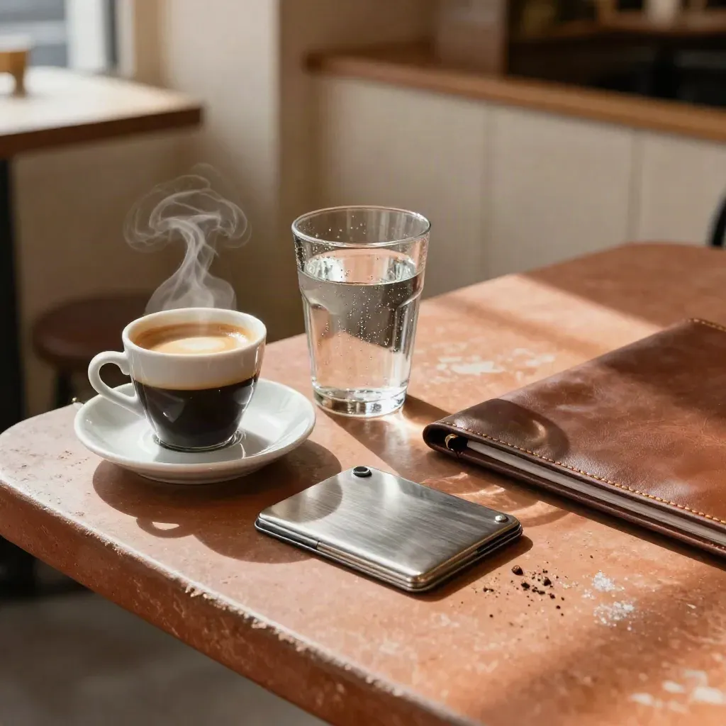 Espresso, Wasserglas, Kartenetui und schlankes Planungstool auf Terrakotta-Stein im Morgenlicht.