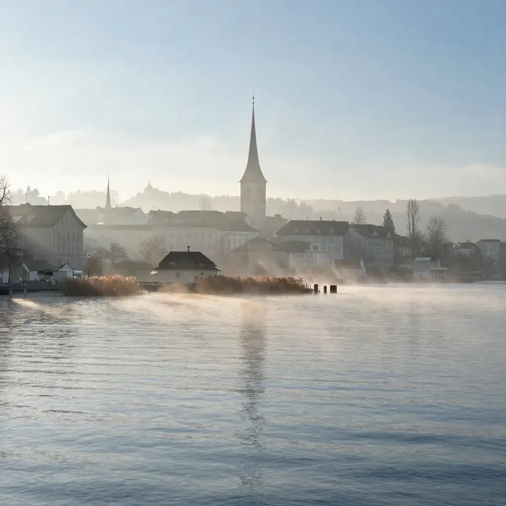 Zürichsee im Morgennebel, Skyline hoch im Bild, ruhiges Wasser und Uferband im Vordergrund.