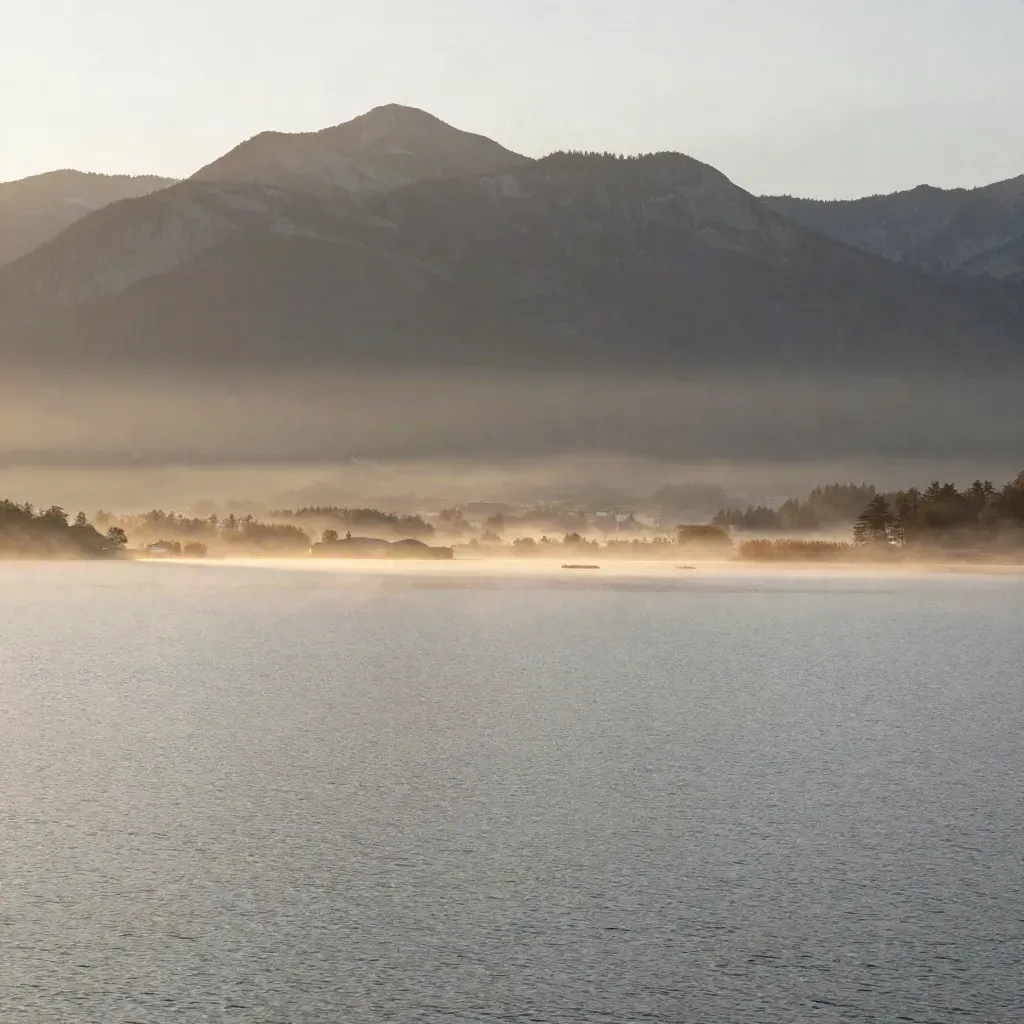 Der Vierwaldstättersee im Morgenlicht mit dem Pilatus hoch im Bild und ruhigem Nebel über dem Wasser.