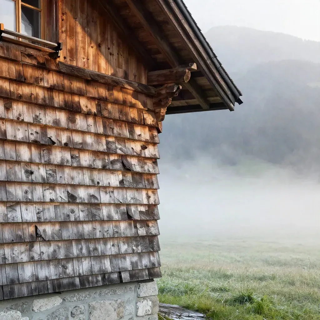 Vernebelte Holzschindel-Häuserkante über stillen Wiesen in der Ostschweiz