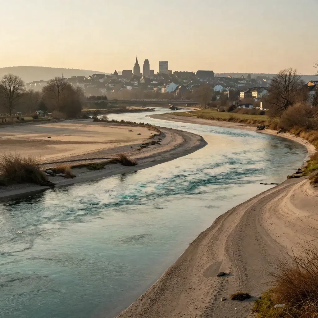 Basel am Rheinknie mit Flussbogen, weiter Himmelshitze und ruhiger Uferzone.